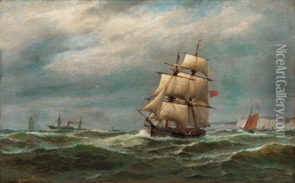 Ships Off The Cliffs Of Dover Oil Painting - Franz Johann (Wilhelm) Huenten