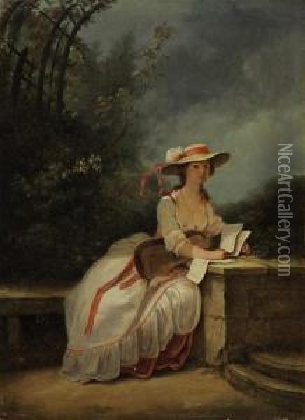 A Lady Seated In A Garden With Music Oil Painting - Jean-Frederic Schall
