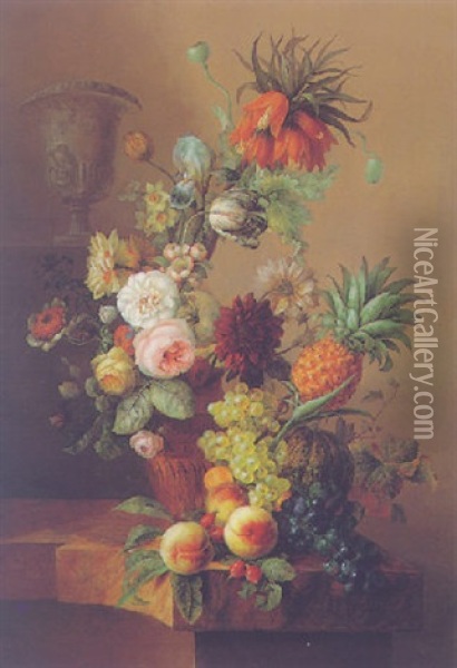 Still Life Of Various Flowers In A Terracotta Vase, Peaches, Grapes, A Melon And Pineapple In The Foreground, On A Mable Table Oil Painting - Jan Frans Van Dael