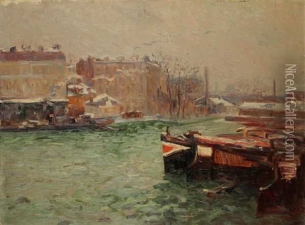 Port De La Villette Sous La Neige Oil Painting - Elie Anatole Pavil
