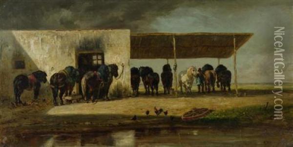 Pferdestall. 1867. Oil Painting - Jules Jacques Veyrassat