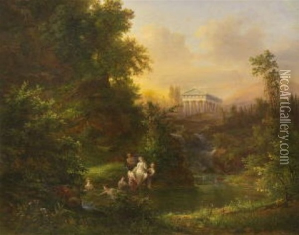 Diana Mit Ihren Nymphen Beim Bade In Antikischer Landschaft Oil Painting - Eduard Von Weeber