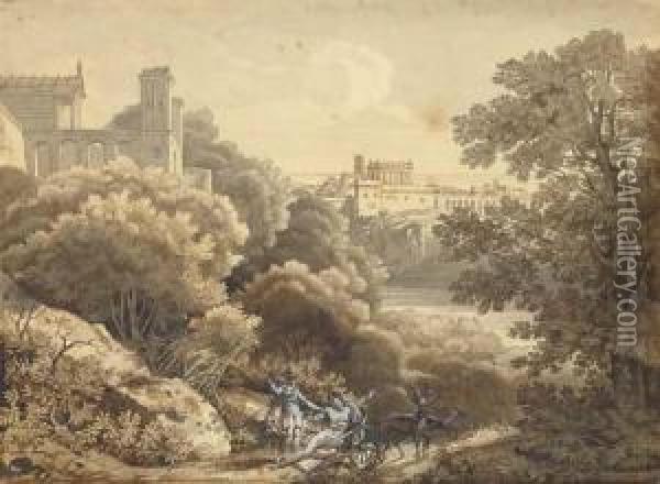 A Classical Landscape With A City In The Background, The Death Ofhyppolytus In The Foreground Oil Painting - Sebastien-Louis-Guillaume Norblin De La Gourdaine