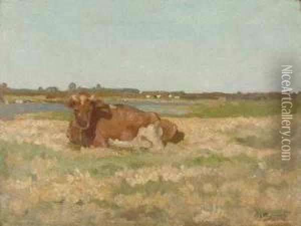 Liegende Kuh An Sommerlichem Kanal Oil Painting - Adriaan Jozef Heymans