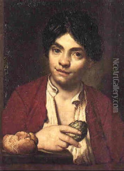 Portrait Of A Young Boy Holding An Artichoke Beside A Panino Oil Painting - Vittore Giuseppe Ghislandi (Fra' Galgario)