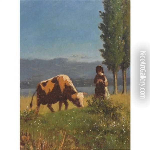 Bauerin Mit Kuh Oil Painting - Charles (Jean-Ch. Ferdinand) Humbert