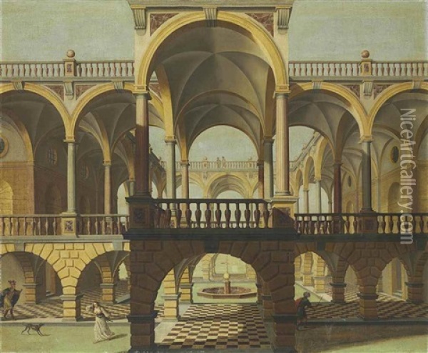 A Capriccio Of A Colonnaded Courtyard Oil Painting - Jacob Ferdinand Saeys