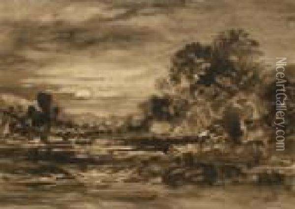 Rws -- Moonlit River Scene Oil Painting - Samuel Palmer