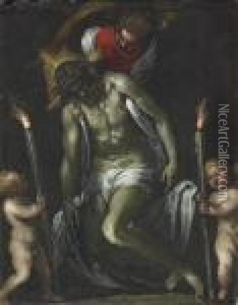 The Lamentation With Angels Oil Painting - Acopo D'Antonio Negretti (see Palma Giovane)