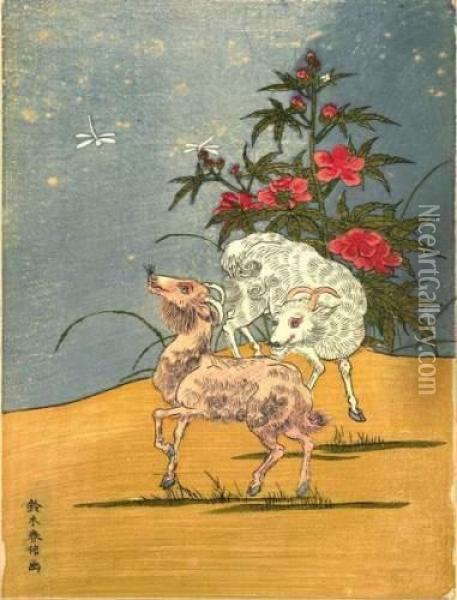 Deux Beliers Pres D'un Buisson De Pivoines Fleuries. Oil Painting - Suzuki Harunobu