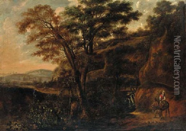 A Wooded Landscape With A Traveller On A Donkey Oil Painting - Jan De Lagoor