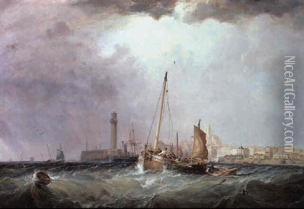 Securing To A Mooring Off Margate Oil Painting - Sir George Chambers