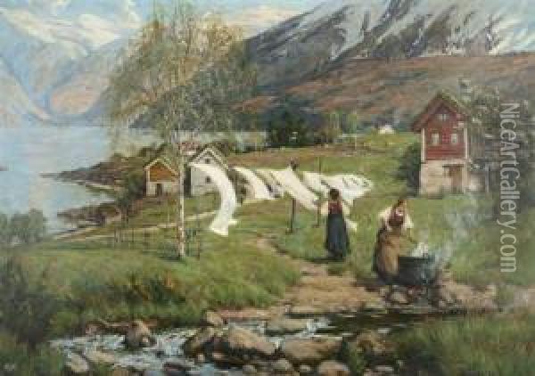 Laundry By The Lake Oil Painting - Alfred Heaton Cooper