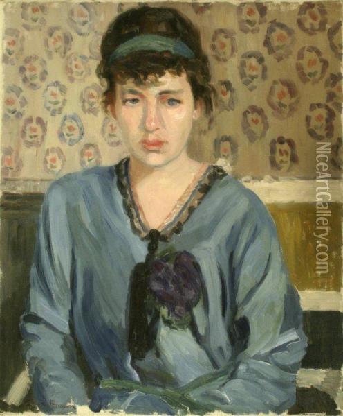 Portrait Of A Lady In A Blue Dress Oil Painting - Anna Wood Brown