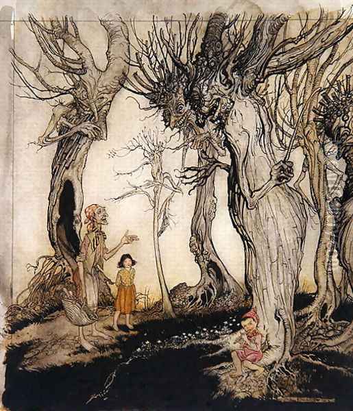The trees and the axe, from Aesops Fables, c.1912 Oil Painting - Arthur Rackham