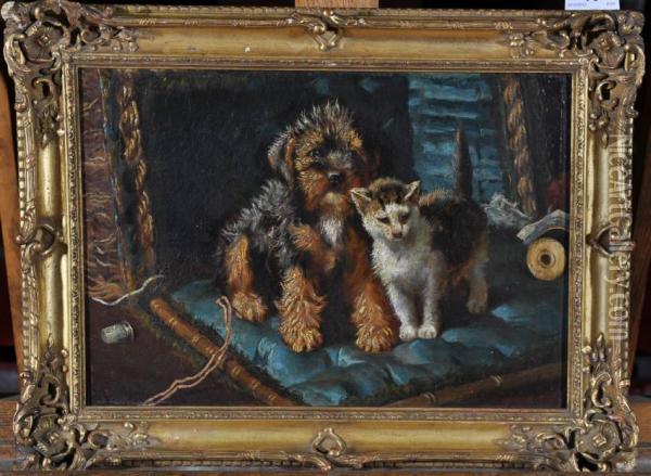 Terrier Puppy And Cat Sitting On A Cushion Oil Painting - Alfred Duke