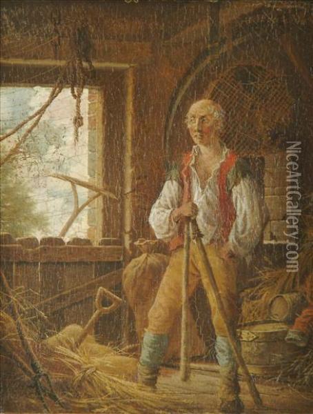 Farmerstanding In A Barn Oil Painting - Robert Hills