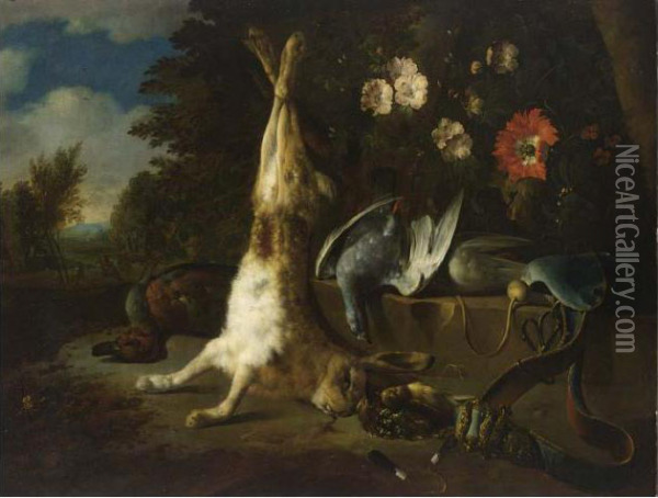 A Hunting Still Life With A Hare, Pigeons, A Duck, Finches And A Hunting Bag Oil Painting - Jan Weenix