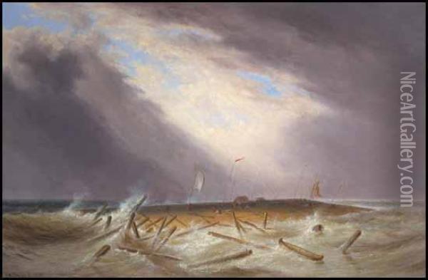 Lumber Raft On The St. Lawrence In Bad Weather Oil Painting - Cornelius Krieghoff