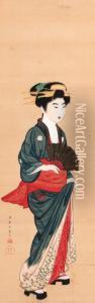 Geisha With Fan Oil Painting - Gion Seitoku