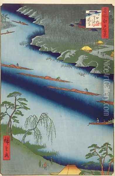 The Kawaguchi Ferry and Zenkoji Temple from One Hundred famous views of Edo Oil Painting - Utagawa or Ando Hiroshige