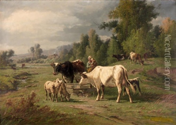 Vaches, Veau Et Moutons A L'abreuvoir Oil Painting - Ferdinand Bonheur