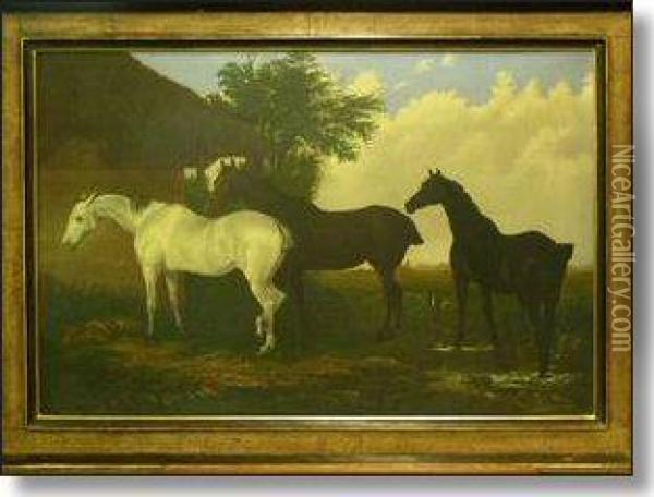 Three Horses By A Barn In A Landscape Oil Painting - John Frederick Herring Snr