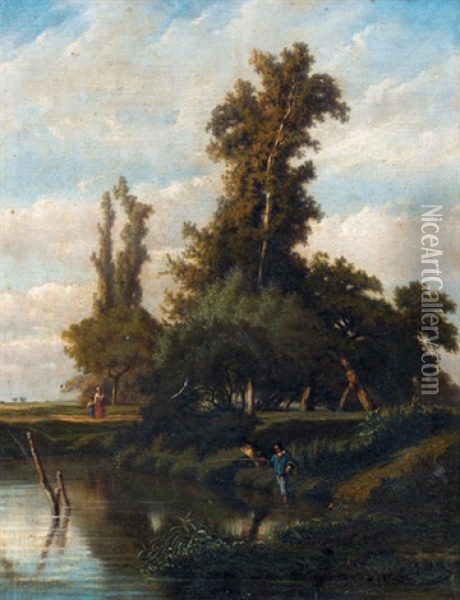 Angler Am Flussufer Oil Painting - Francois Ignace Auguste Boehm