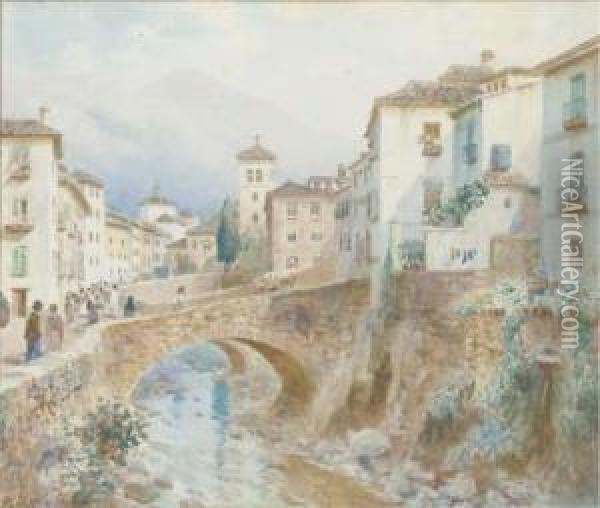 Figures By A Bridge At Granada, Spain Oil Painting - Henry B. Wimbush