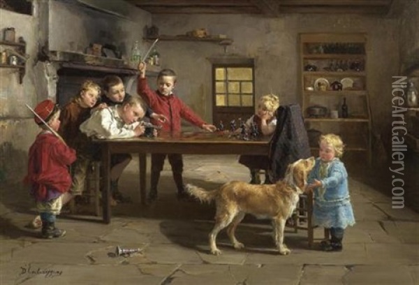 Interieur Mit Kindern Beim Spielen Oil Painting - Charles Bertrand d' Entraygues