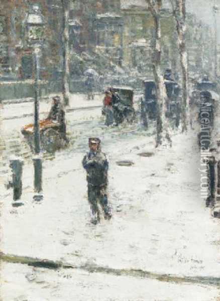Snowstorm, Fifth Avenue, New York Oil Painting - Childe Hassam