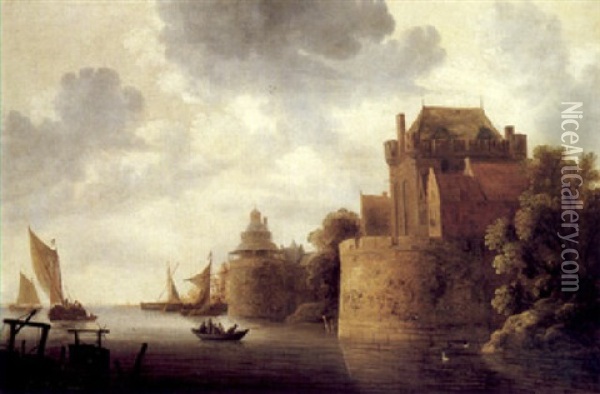 River Landscape With Boats Beneath A Castle Oil Painting - Wouter Knijff