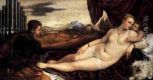 Venus and Cupid with an Organist 2 Oil Painting - Tiziano Vecellio (Titian)
