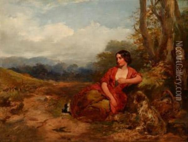 Young Girl Resting With Her Dog Beside A Tree Oil Painting - James Curnock