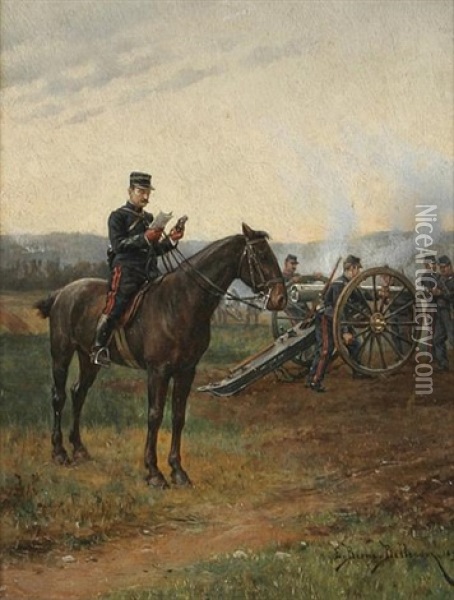 An Der Kanone. Ein Franzosischer Offizier Zu Pferd, Neben Ihm Wird Eine Kanone Geladen Oil Painting - Etienne Prosper Berne-Bellecour