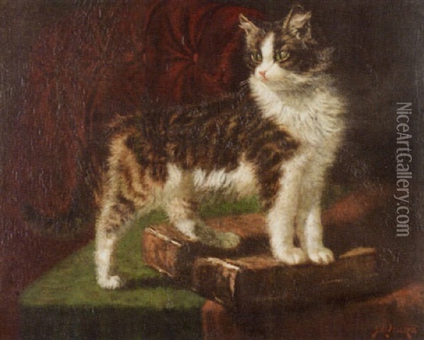Portrait Of A Tabby Perched On A Leather-bound Volume Oil Painting - Sidney Lawrence Brackett