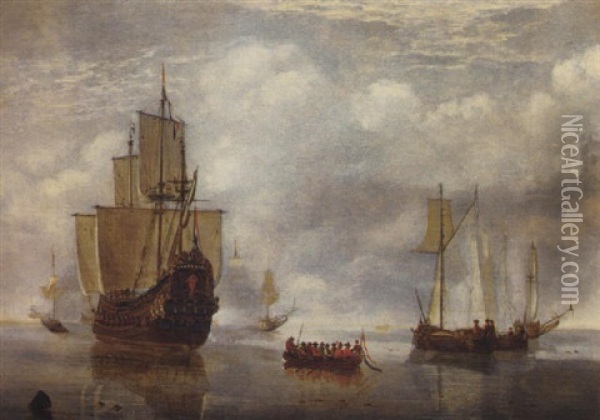 A States Yacht Firing A Salute At A Departing Barge, With Other Shipping In A Calm Oil Painting - Hendrik Jacobsz Dubbels