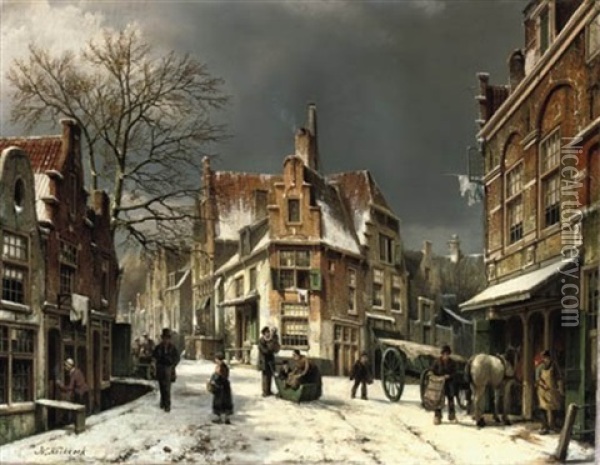Enkhuizen - A Busy Day In Winter Oil Painting - Willem Koekkoek