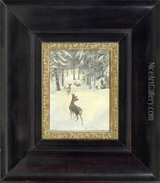 Rehe In Einem Winterwald Oil Painting - Carl Zimmermann