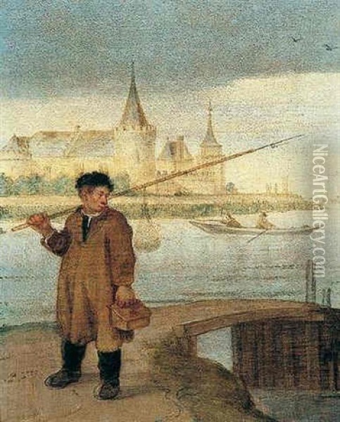 River Landscape, A Fisherman By A Bridge, Slot Muiden Beyond Oil Painting - Arent (Cabel) Arentsz