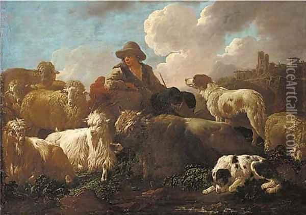 A shepherd resting with sheep, goats and dogs before a hillside town Oil Painting - Philipp Peter Roos