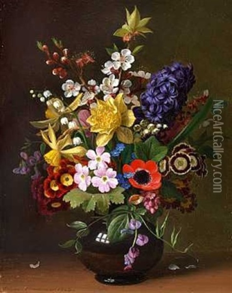 Forarsbuket Med Frugtgren, Primula, Paskeliljer Og Hyacint I En Vase Oil Painting - William Hammer