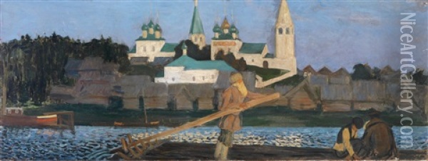 An Der Wolga Oil Painting - Boris Mikhailovich Kustodiev