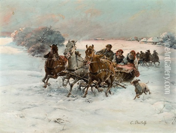 Troika In Winterlandschaft Oil Painting - Adolf (Constantin) Baumgartner-Stoiloff