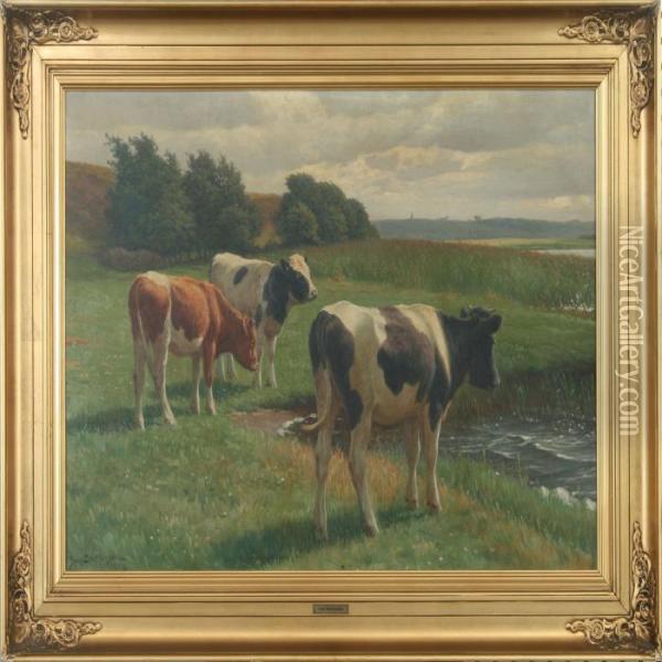 Grazing Cows By A Lake Oil Painting - Povl Steffensen