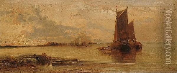 Boats Anchored At Low-tide Oil Painting - James Webb