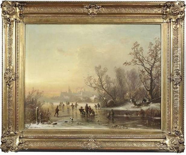 Wintry Landscape At Sunset Light With Skaters On A Frozen Lake Oil Painting - Adolf Stademann