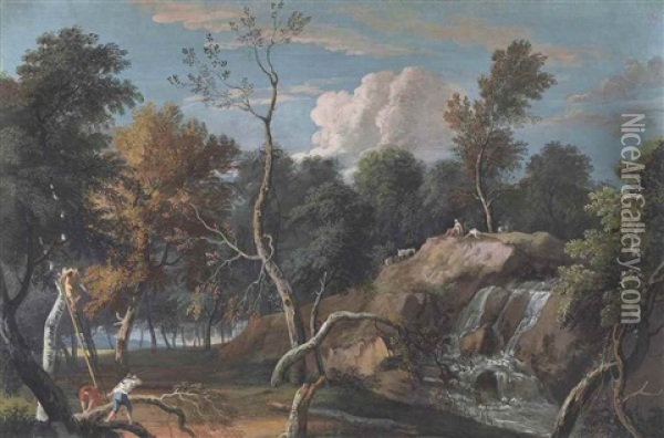 A Wooded Landscape With Woodmen And Shepherds Near A Waterfall Oil Painting - Marco Ricci
