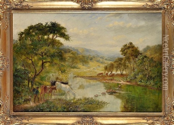 A Herdsman And Cattle On The Banks Of A River Oil Painting - William Irving