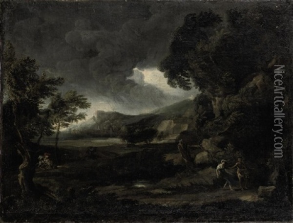 Landscape With Figures Seeking Shelter From The Stormy Weather Oil Painting - Gaspard Dughet